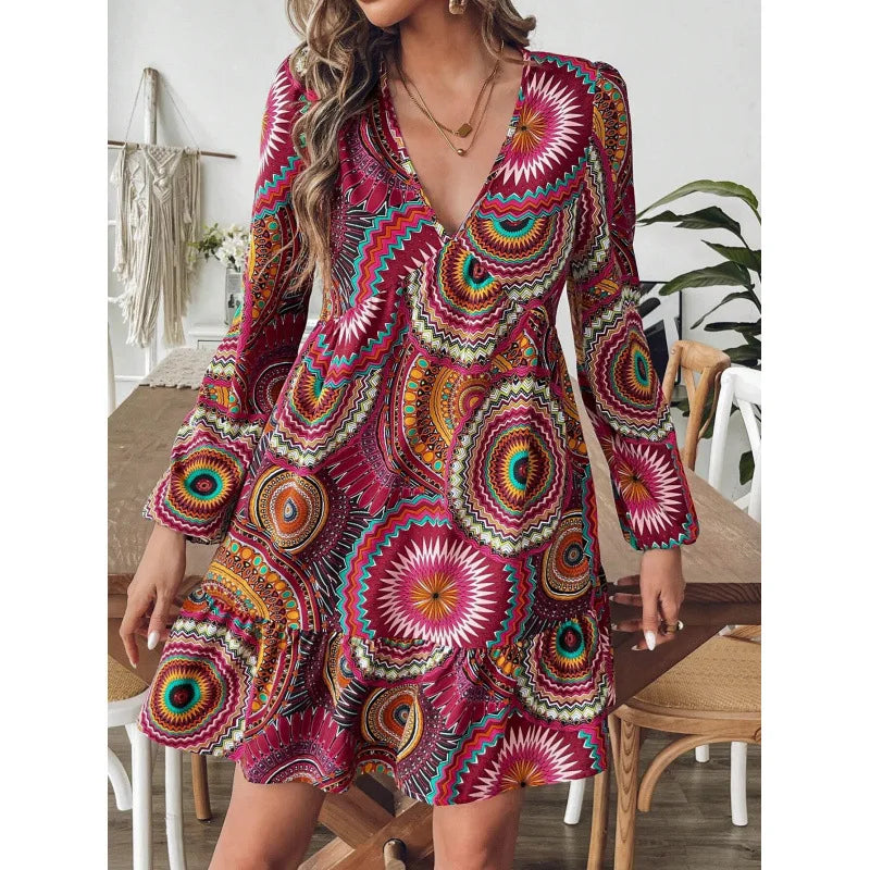 Ingvn  Women's Bohemian Geometric Print V-Neck Long Sleeve Ruffle Hem Mini Dress