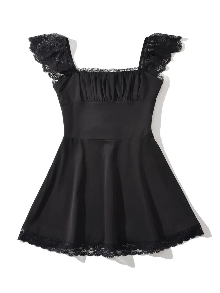 Ingvn  Woman Low Chest Ruched Square Collar Spliced Lace  Sleeve Dress Cross Lacing up Back Dresses Swing A-lined Short Robe Vestidos