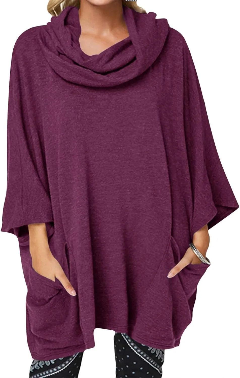 Ingvn  New Autumn Winter Style European American Loose Slouchy Turtleneck High Neck Pocket Pullover Long Sleeve Comfortable Top Women