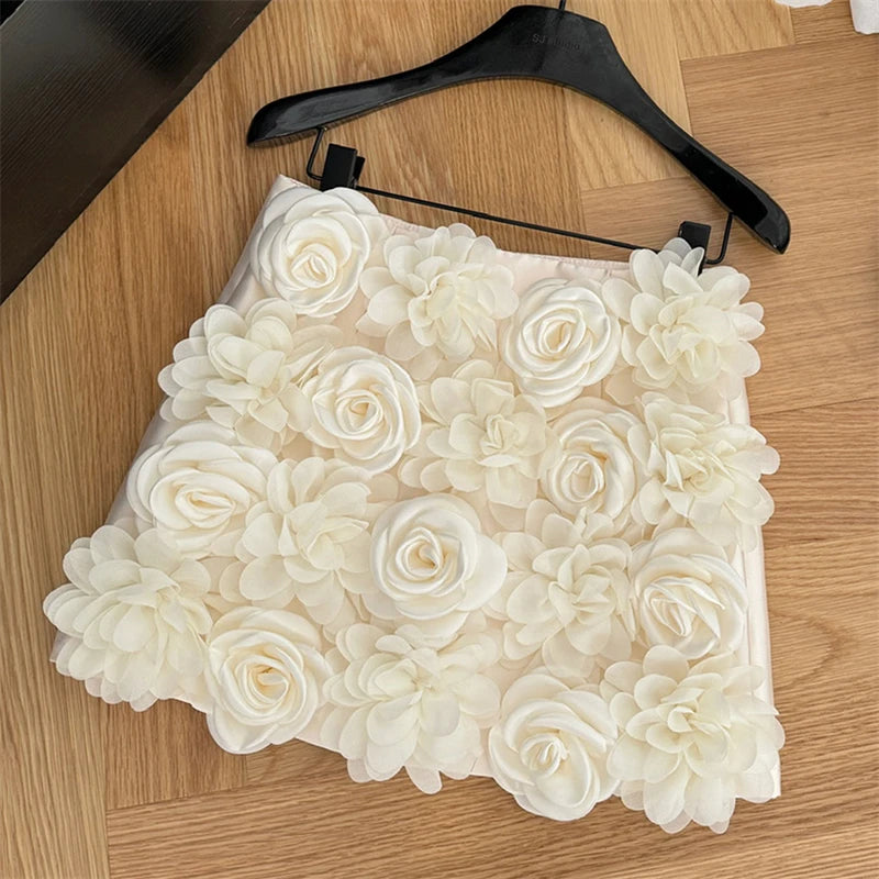 Ingvn  Y2K Vintage Floral Mini Skirt Women 90S Aesthetic Apricot A-Line Skirt Harajuku Style 3D Floral Print Black Summer Skirt
