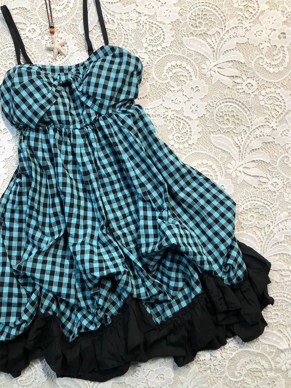 Ingvn  Summer New Vintage Sweet And Spicy Style Plaid Puff Sleeve Short Dress Women's Polyester Fiber Casual Everyday Dress