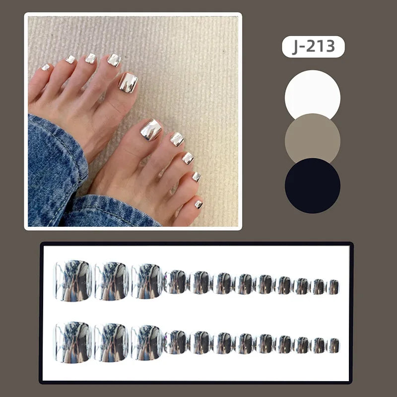 24PCS Y2K Silver Mirror False Toenails With Designs Wearable Summer Press On Short Square Glitter Fake Toe Nails Feet Nail Tips