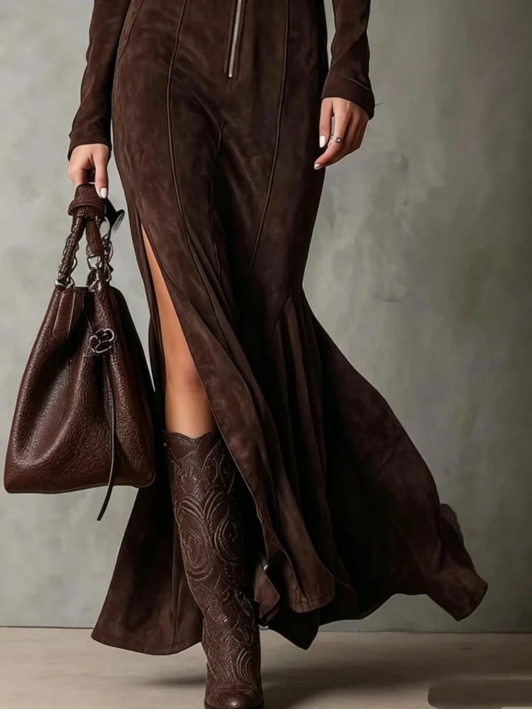Ingvn  European American Suede Maxi Dress for Women Long Sleeves O-Neck Zipper Maxi Dress Temperament Elegant High Street Dresses