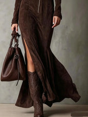 Ingvn  European American Suede Maxi Dress for Women Long Sleeves O-Neck Zipper Maxi Dress Temperament Elegant High Street Dresses