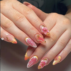 Ingvn  24Pcs White Gradient Almond Fake Nails with Pearl Short Finished Press on Nails Sweet Flower Full Cover False Nails for Women