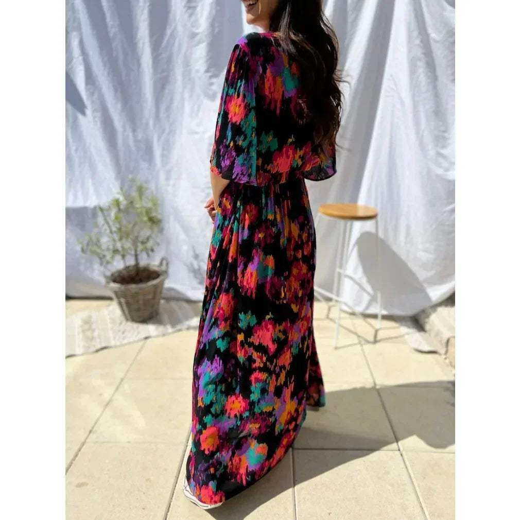 Ingvn  Latest Popular Style Women's Fashionable Temperament V-neck Belt Printed Dress Women's Fashionable Multi-color Long Dress