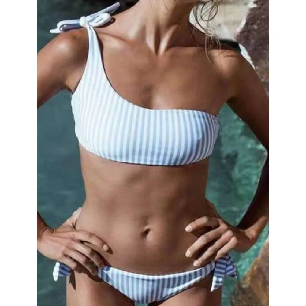 Ingvn  Summer Sexy Bow One Shoulder Striped Bikini Lacing Up Bandage Low Waist Swimsuit Set Two Piece Swimwear Beachwear