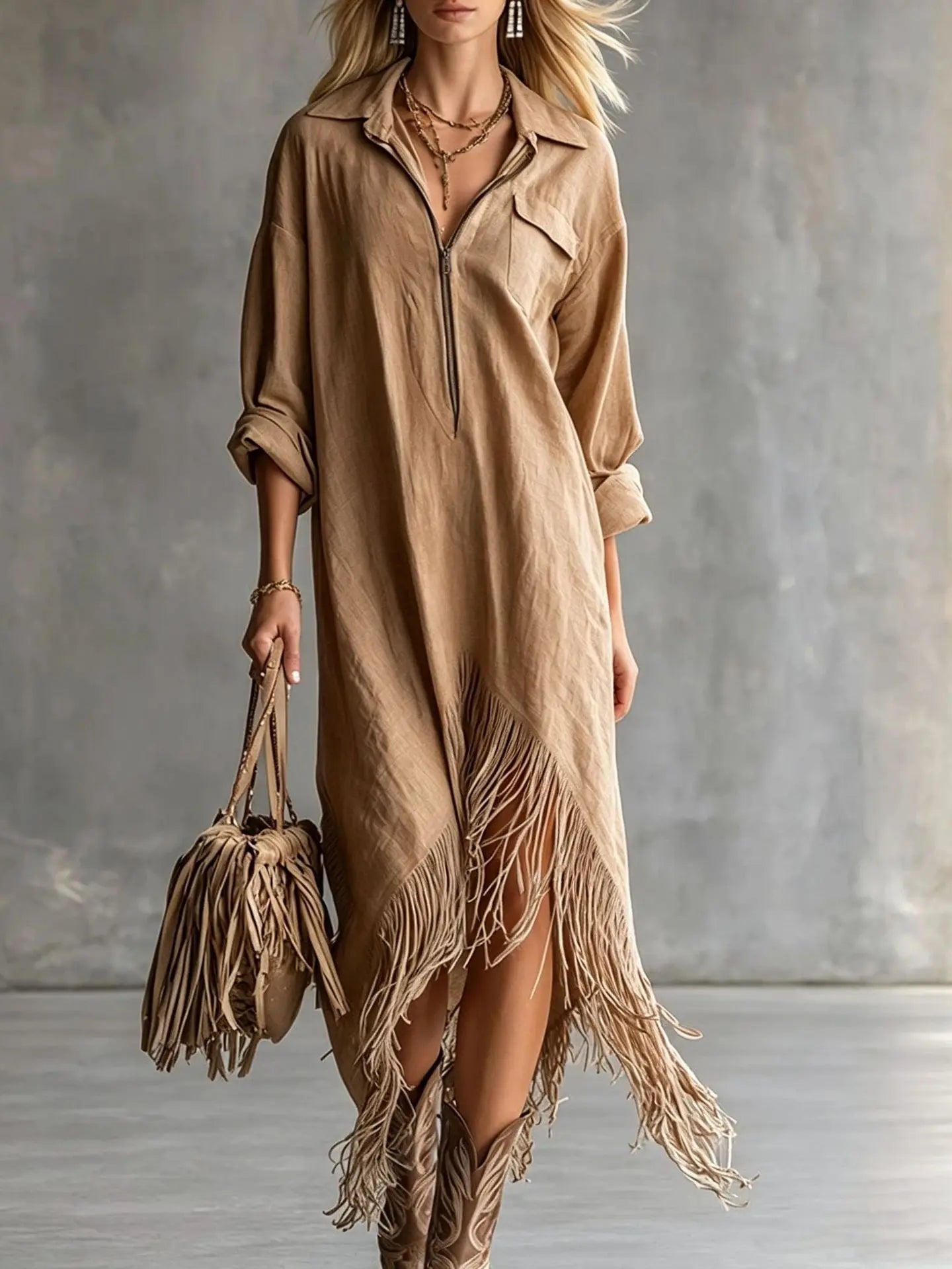 Ingvn - Elegant Loose Tassel Trim Dress Irregular Hemline Vintage Style Women's Fashion Autumn Casual Vacation Dress