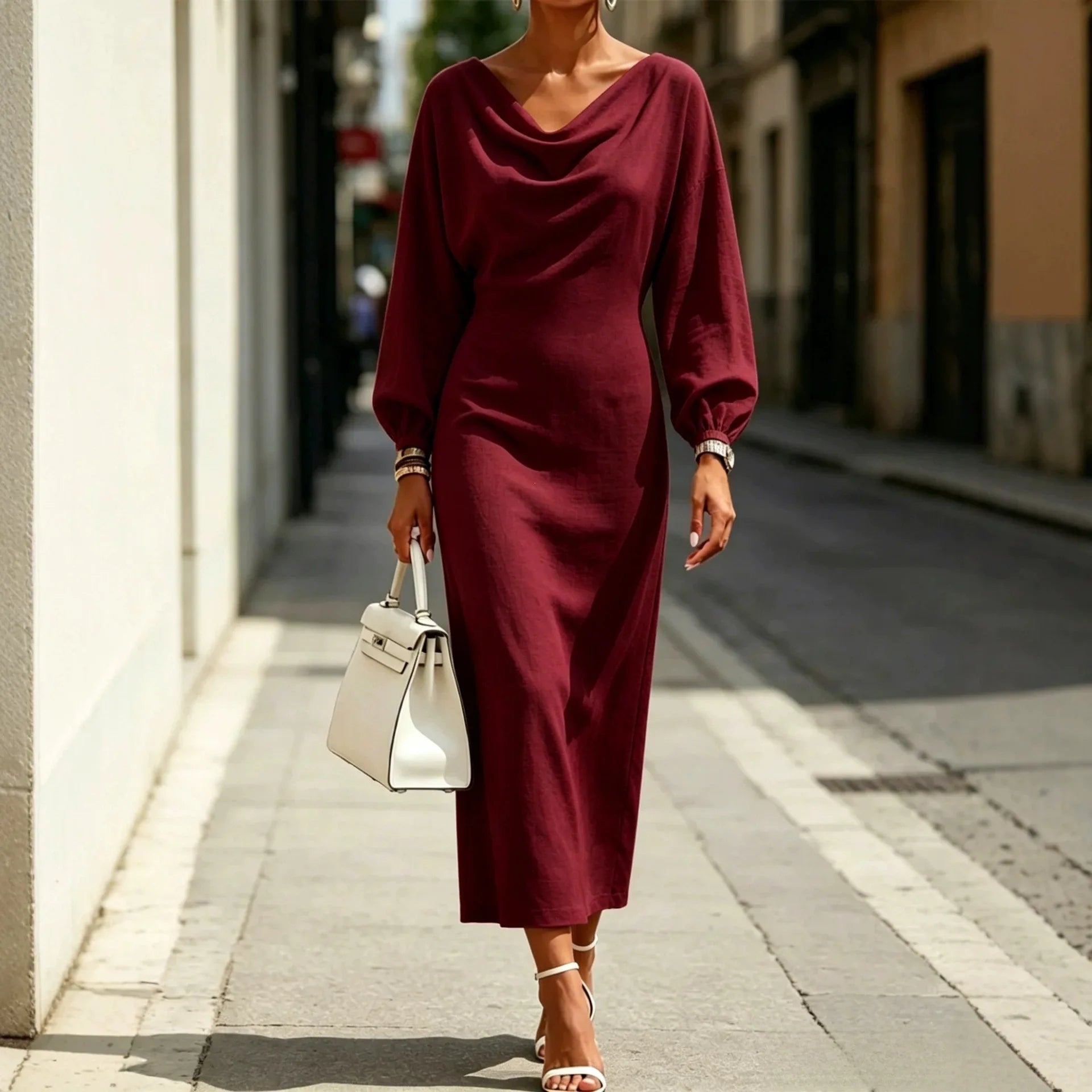 Ingvn - Street Fashion Women's Slim Fit Dress Long Sleeve Daily Wear Summer Dress Gentle Style High Waist Batwing Sleeve