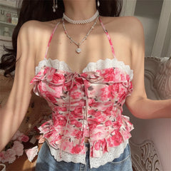Ingvn  French Style Floral Lace Crop Top Women's Slim Fit Shirt Polyester Fiber Short Length Button Closure Neck Hanging Belted