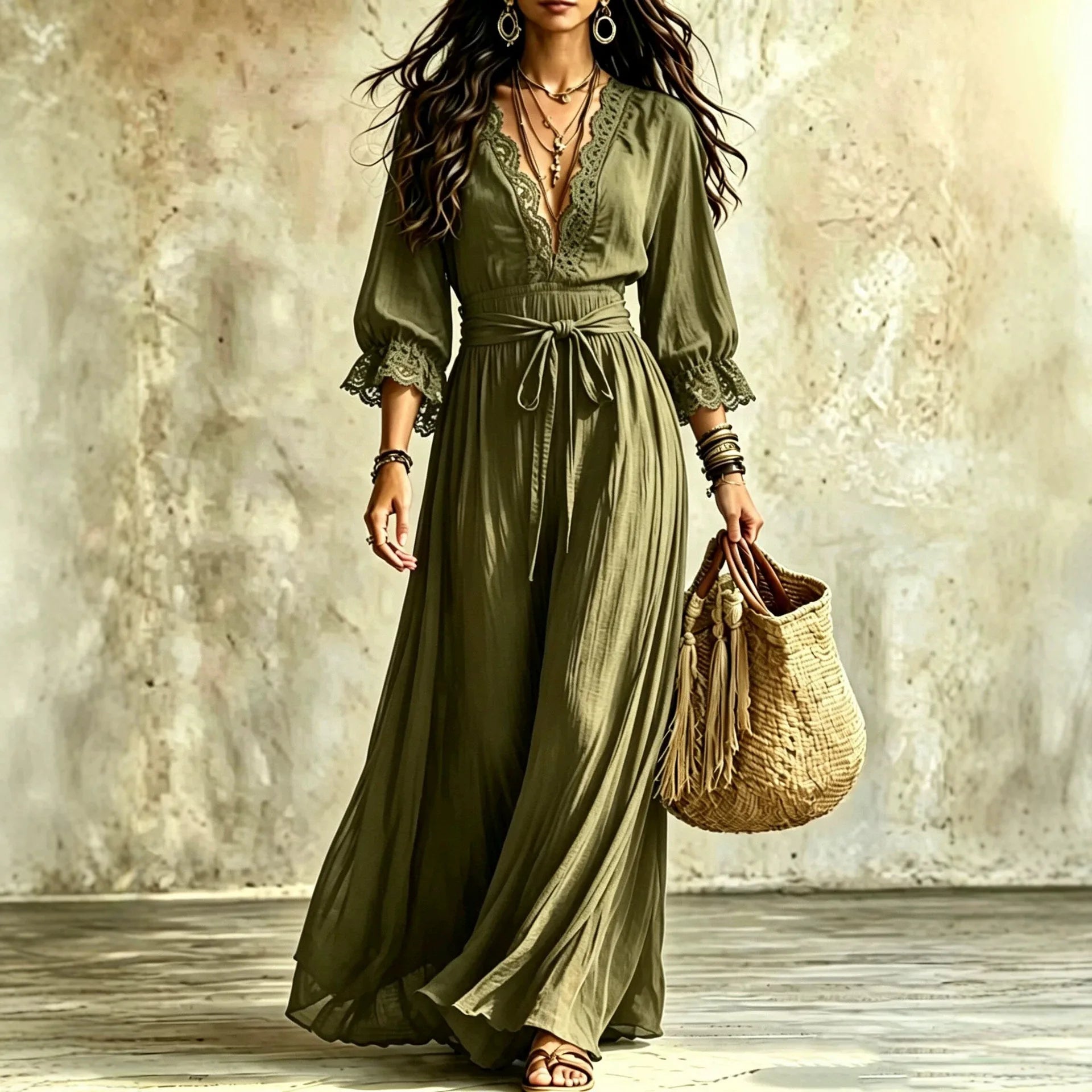 Ingvn  Autumn Boho Chic Vacation Maxi Dress Lace V Neck 3/4 Ruffle Sleeve Elastic Waist Self Belt Flowy Long Dress Women Resort Dress