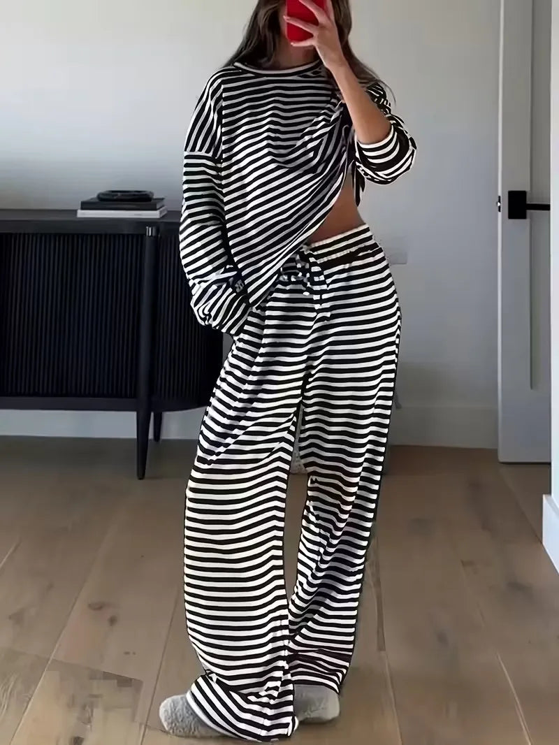 Ingvn - Women's 2 Piece Loungewear Set Red White Stripe Oversized Long Sleeve Top Wide Leg Pants Casual Loose Home Wear Outfit
