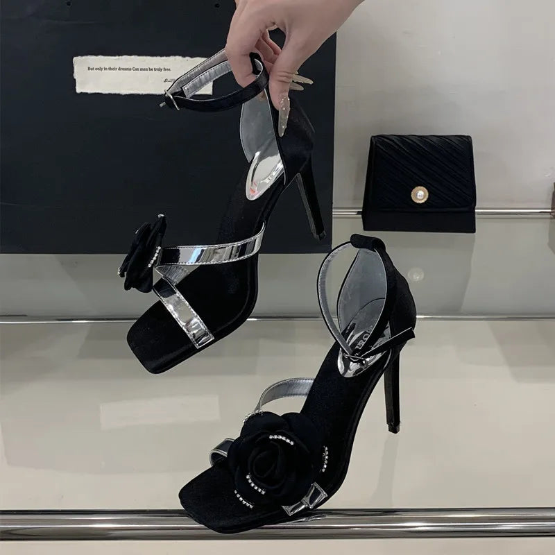 Ingvn  Fashion Flowers Rhinestones Square toe Women Gladiator Sandals Sexy Ankle Strap Buckle Thin High heels Summer Party Prom Shoes
