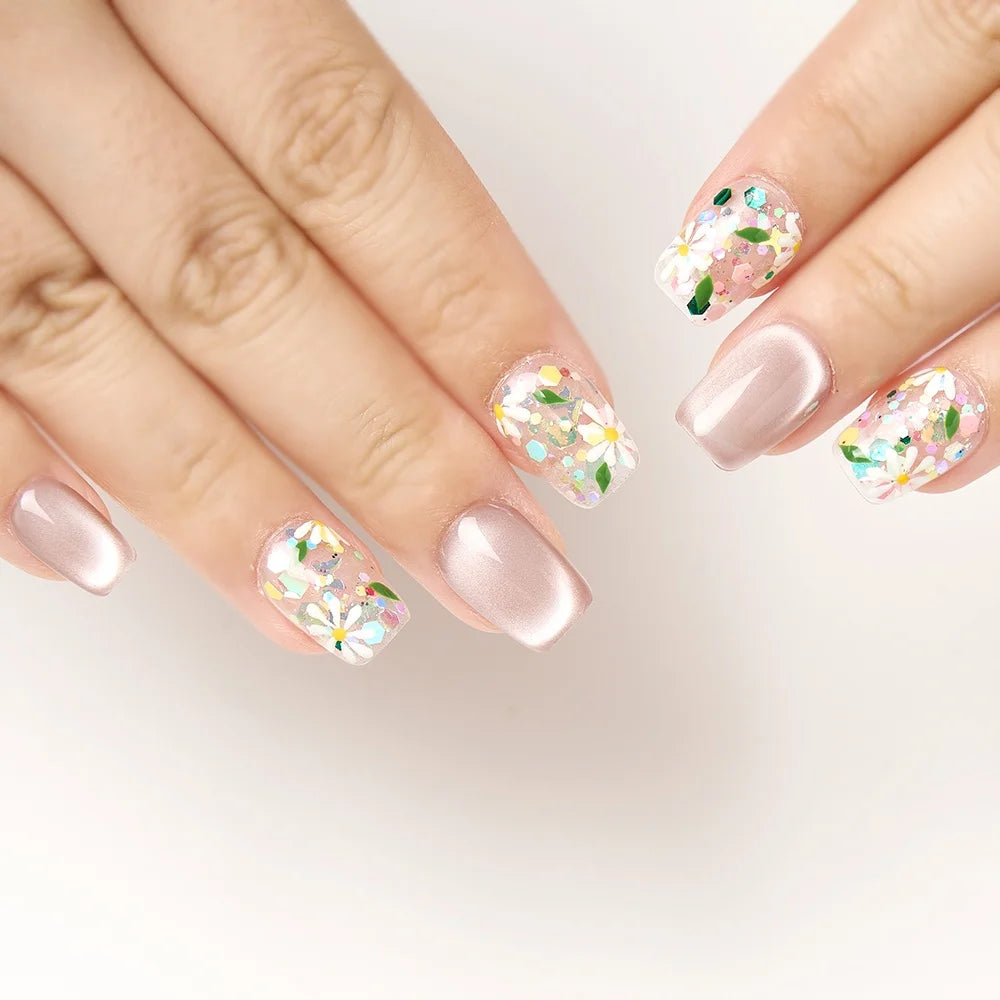 10PCS Short Square Press On Nails Cat Eyes Pink Fake Nails With Multi-Color Floral Designs Summer Collection For Women and Girls