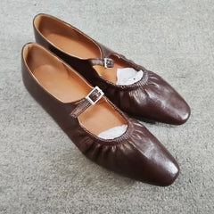 Ingvn  Street Style Fashion Pleated Mary Janes Women Ballet Flats Comfortable Soft Soles Leather Spring Summer Walking Loafers Shoes