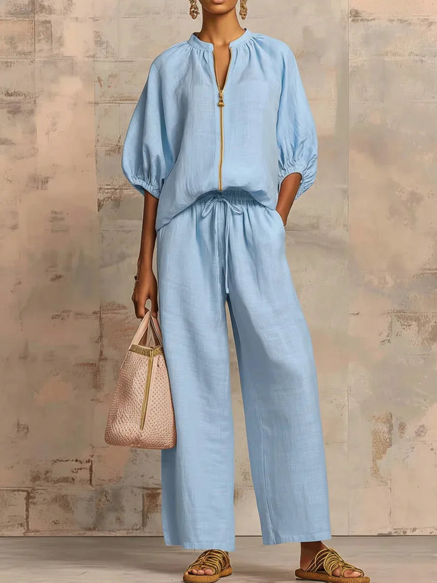 Ingvn  Womens Matching Sets Summer Casual Loose Zipper Tops And Wide Leg Pants 2 Piece Set Outfits Women Elegant