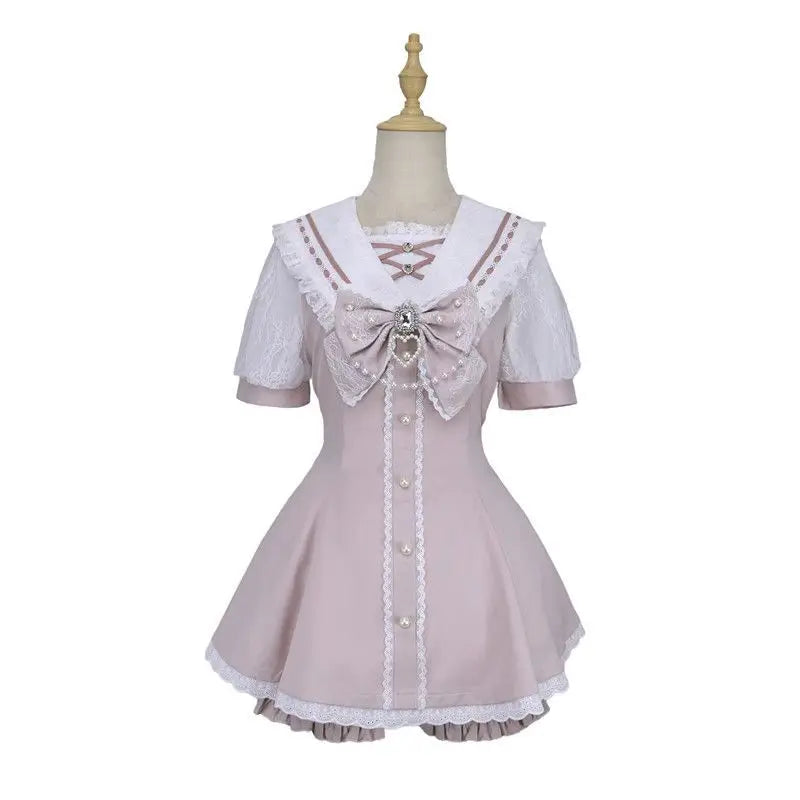 Ingvn  Harajuku Vintage Lace Bow Lolita 2 Piece Set Women Y2K Slim Dress Tops Casual Shorts Sweet Fashion Suit Chic