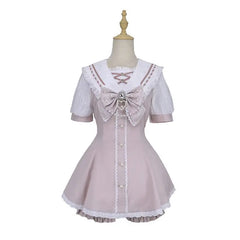 Ingvn  Harajuku Vintage Lace Bow Lolita 2 Piece Set Women Y2K Slim Dress Tops Casual Shorts Sweet Fashion Suit Chic