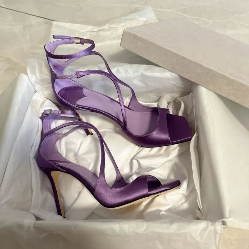 Ingvn  Star Style Purple Satin Women Sandals Sexy Narrow Band Ankle Strap Stiletto High Heels Gladiator Sandalias Summer Banquet Shoes