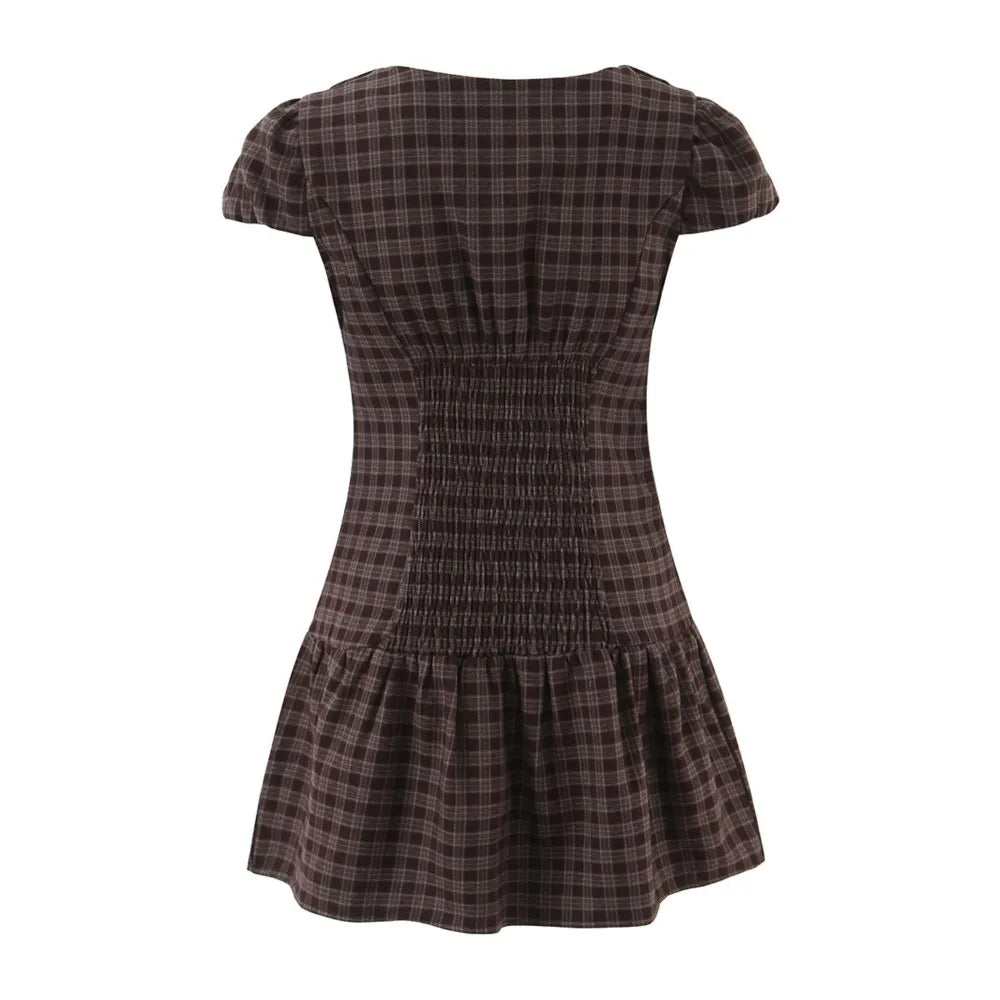 Ingvn  Retro Checked Plaid Spliced Lace Peter Pan collar Short Puff Sleeve Mini Dress Women Open Buttons Low Waist A-line Dresses Robe