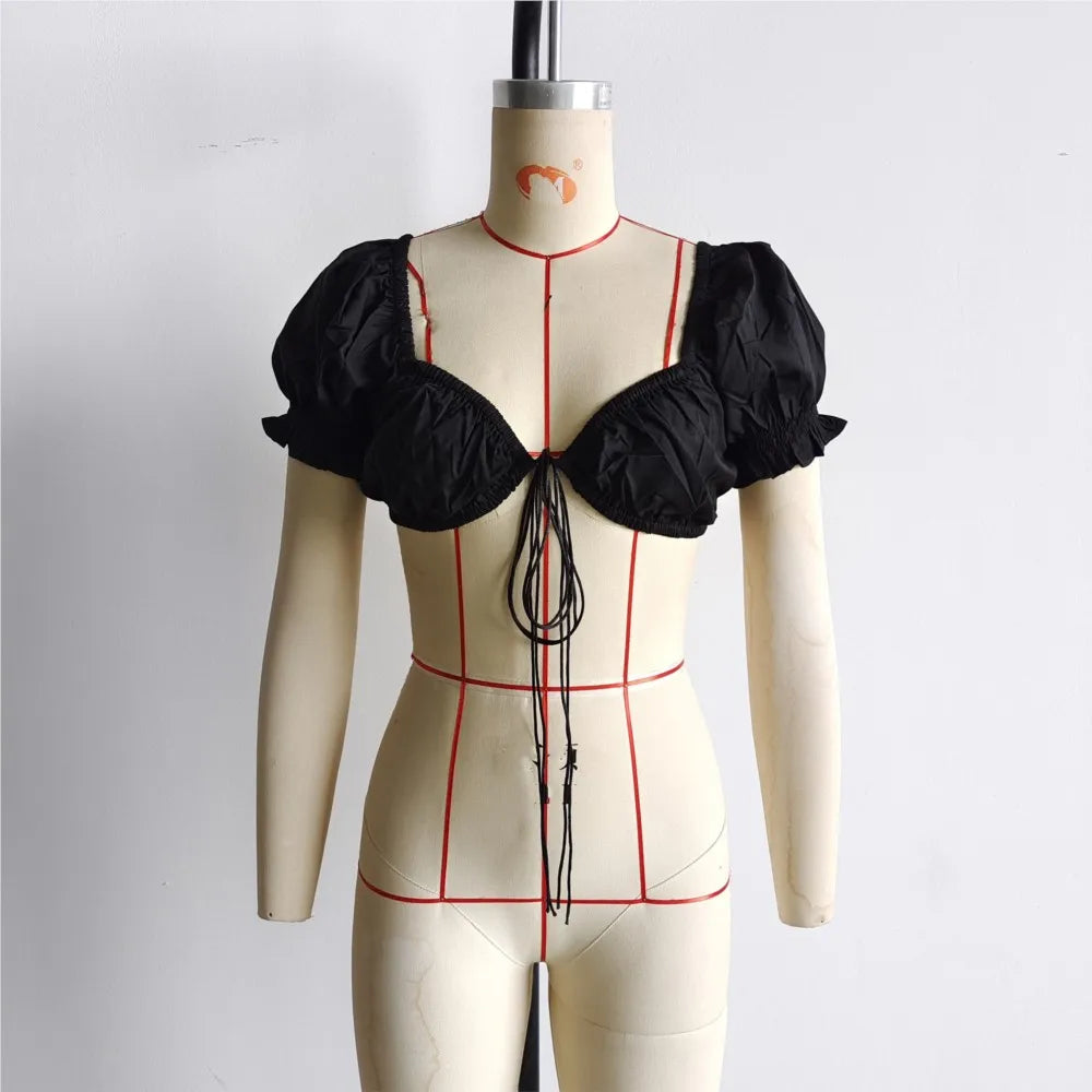 Ingvn  Fashion Bandage Lacing up Bow Elastic Puff Sleeve Crop top Women Summer V neck Tank Tops white black