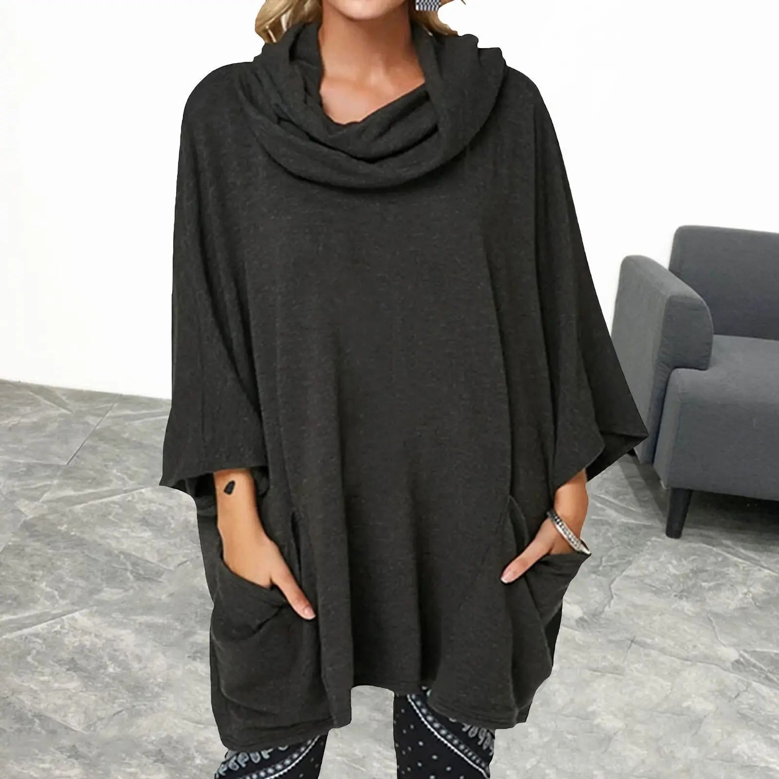 Ingvn  New Autumn Winter Style European American Loose Slouchy Turtleneck High Neck Pocket Pullover Long Sleeve Comfortable Top Women