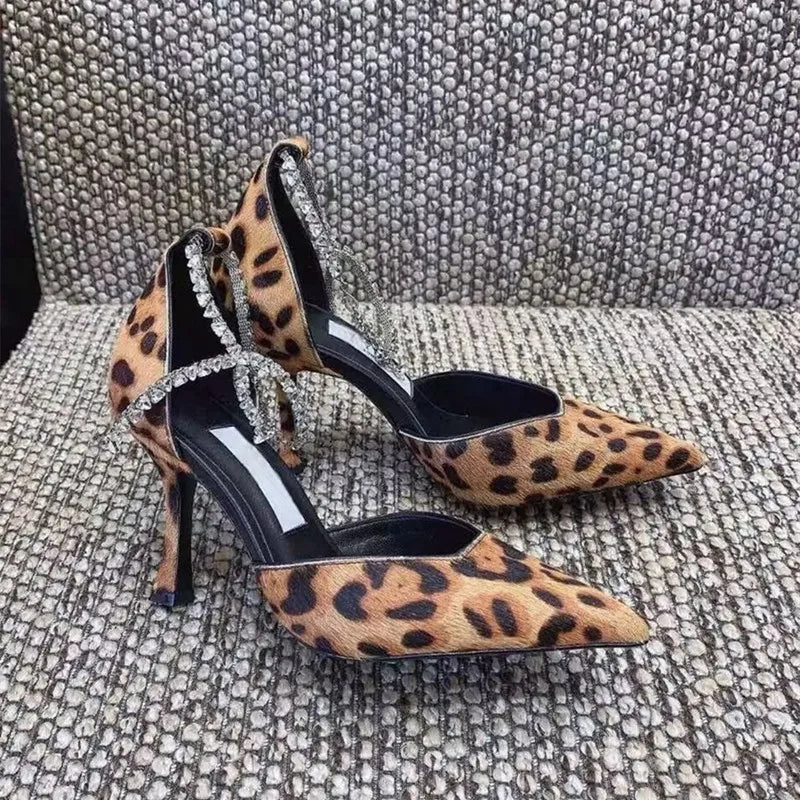 Ingvn  Star style Fashion Patent Leather Rhinestones Chains Women Pumps Elegant Pointed toe Ankle Strap Thin High heels Summer Shoes