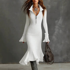 Ingvn - Autumn Winter Women Long Sleeve Flare Sleeves Slim Knitted Party Dress Women Fashion Zipper V-neck Office Dress
