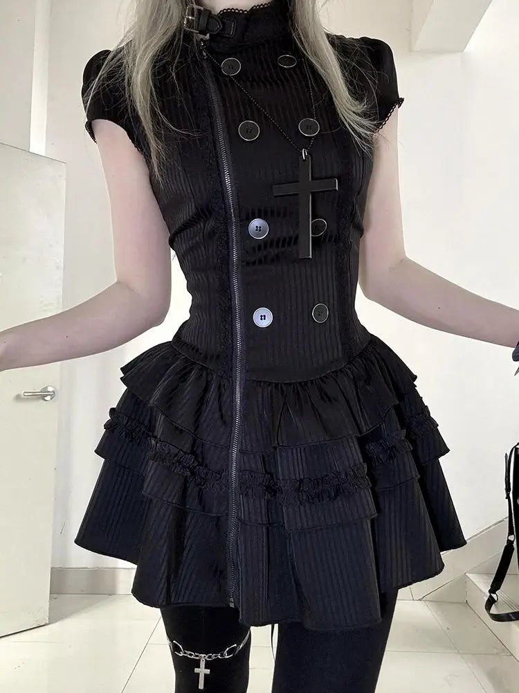 Ingvn  Y2K Aesthetic Harajuku Dress Women Vintage Slim Black Mini Dress Gothic Punk Female Daily