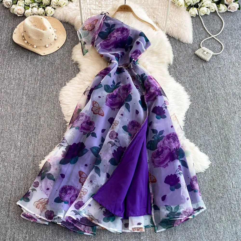 Ingvn  Spring Floral Series Holiday Dr Women's Summer High Waist Slim Fit Sexy Strapl Midi Length Belted Gown Korean Sle