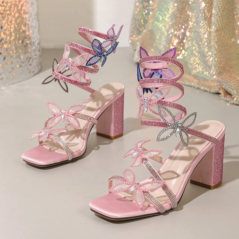 Ingvn  Fashion Crystal Butterfly Ankle Snake Twine Around Strap Sandals Women Wedding Party Prom Shoes Rhinestone High Heels Pink