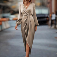 Ingvn  New Elegant Cross Collar Pleated Slit Puff Sleeve Irregular Long Sleeve Dress for Women