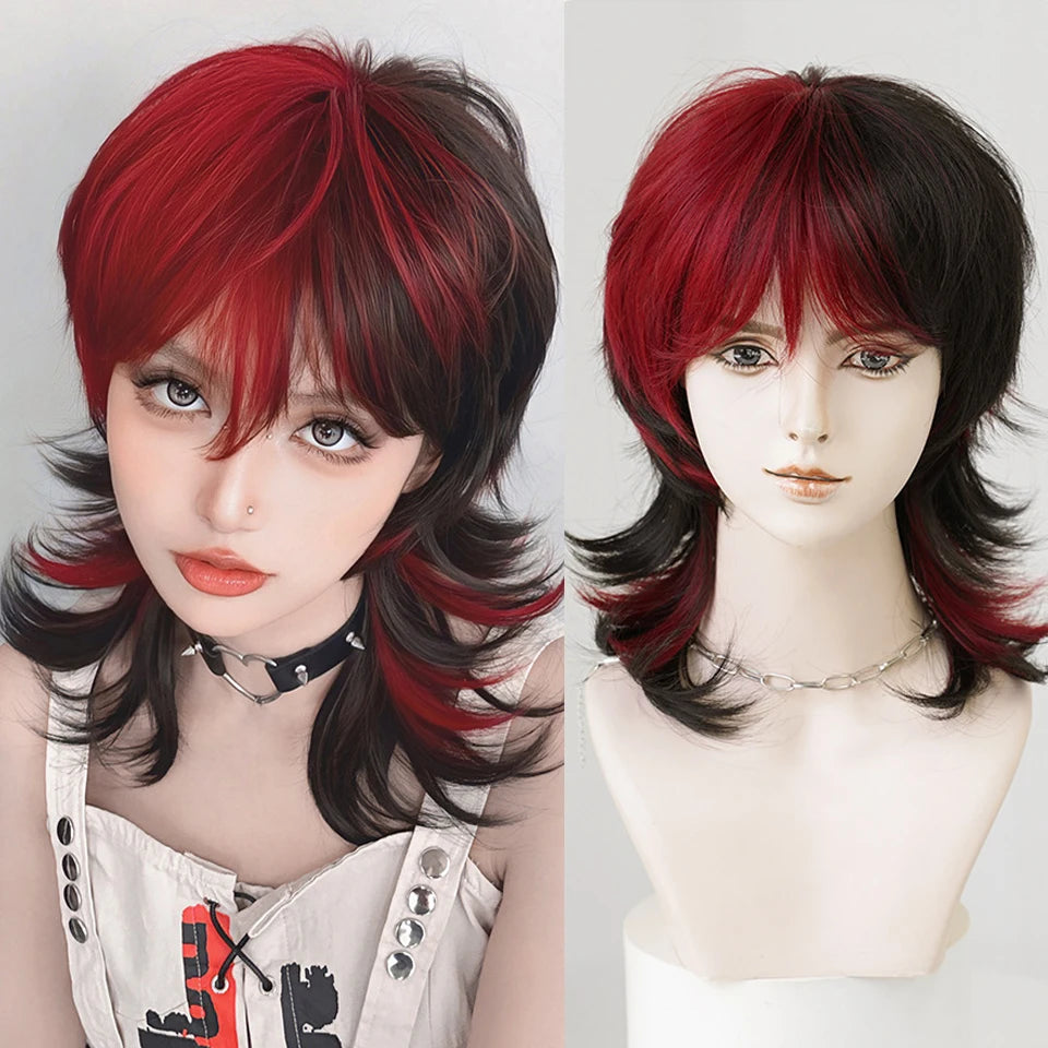 Ingvn  ﻿ Short Brown Straight Synthetic Wig with Bangs Curly Hair Pink Green Lolita Wigs for Women Daily Party Cosplay Christmas Wig