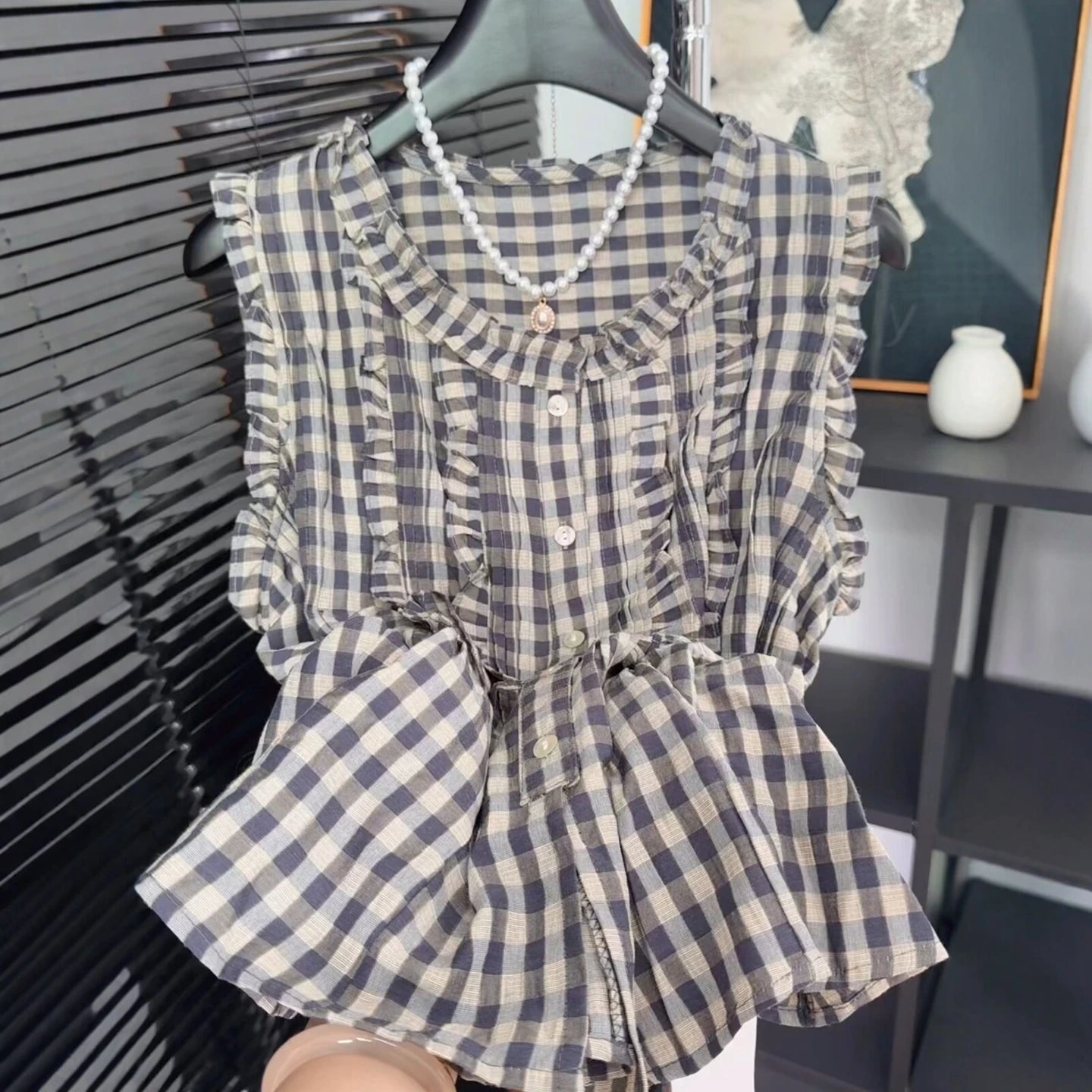 Ingvn  Sweet Style Plaid Sleeveless Shirt Women Summer Wood Ear Design Slimming Anti-Aging Trendy Top Korean Loose Fit round Neck