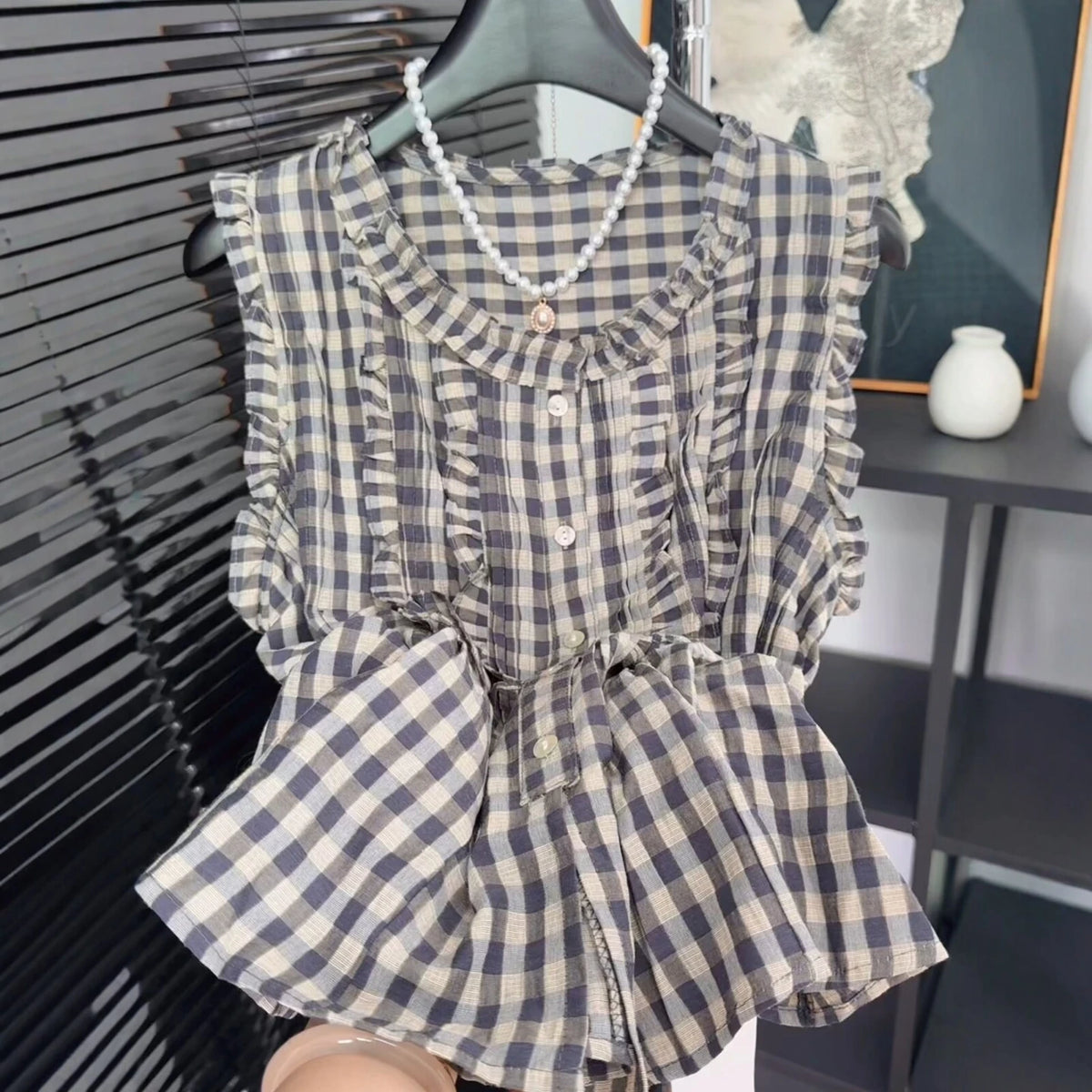 Ingvn  Sweet Style Plaid Sleeveless Shirt Women Summer Wood Ear Design Slimming Anti-Aging Trendy Top Korean Loose Fit round Neck