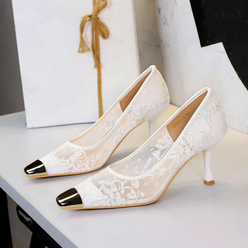 Ingvn  Fashion Metal Square toe Lace Air Mesh Women Pumps Elegant Thin High heels Office Lady Shoes Spring Autumn Party Dress Shoes