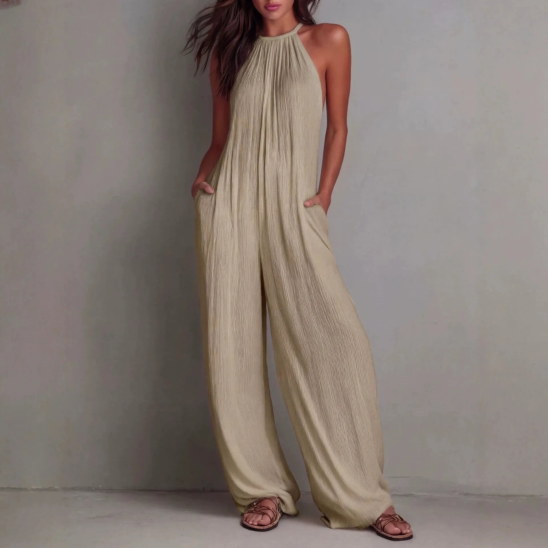 Ingvn  Summer Casual Outfits New Beach Vacation Jumpsuit Women Fashion Halter Sleeveless Textured Overalls Pocket Wide Leg Romper