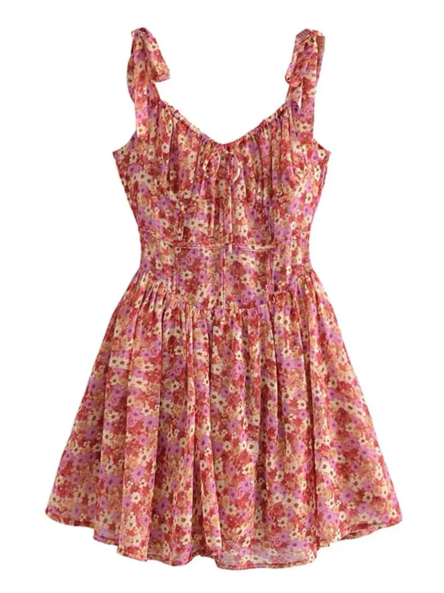 Ingvn  Retro Square Collar Sexy Floral Halter Dress Summer Vacation Gown High Waist A-Line Silhouette Sleeveless Zipper Back Closure