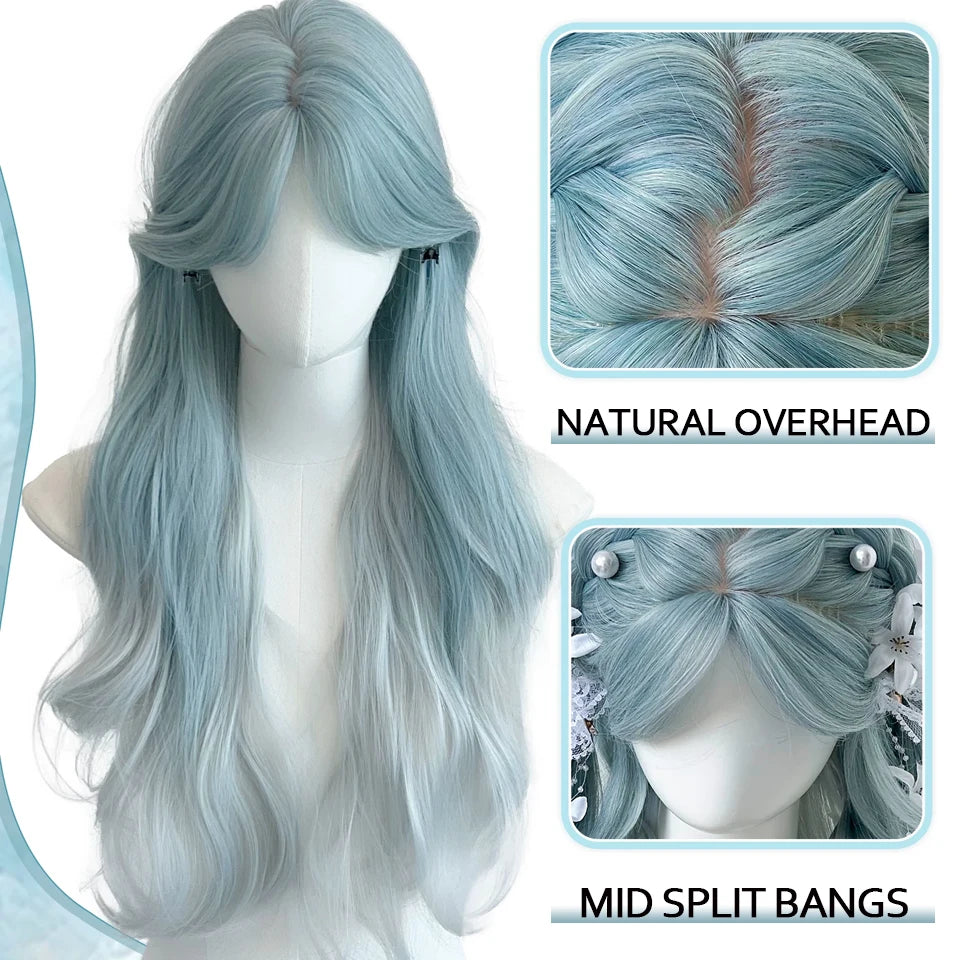 Ingvn - Long Wavy Ombre Blue Wig Synthetic Natural Lolita Wig Orange Green Halloween Cosplay Costume Wig for Women Daily Wear