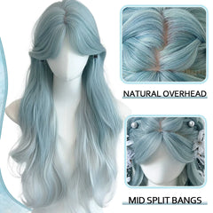 Ingvn - Long Wavy Ombre Blue Wig Synthetic Natural Lolita Wig Orange Green Halloween Cosplay Costume Wig for Women Daily Wear