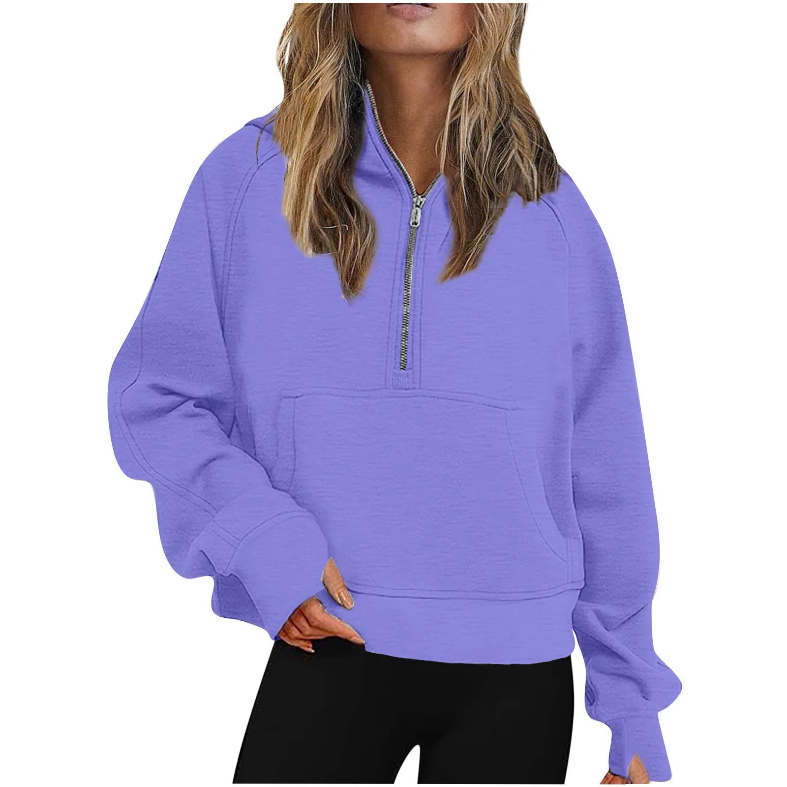 Ingvn - Autumn Winter New Arrival Womens Sports Half Zip Loose Solid Color Versatile Cropped Hooded Fleece Casual Pullover Sweatshirt