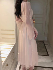 Ingvn  Retro Chinese Style Soft Pink Ethereal Nightgown with Lace  Knot Home Use Vest Pad Included V-Neck Midi Skirt