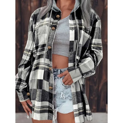 Ingvn  Plus Size Women Fashion Plaid Printed Hoodies Shirt Blouse Ladies Casual Loose Long Sleeved Shirt Lapel Design Shirt Tops