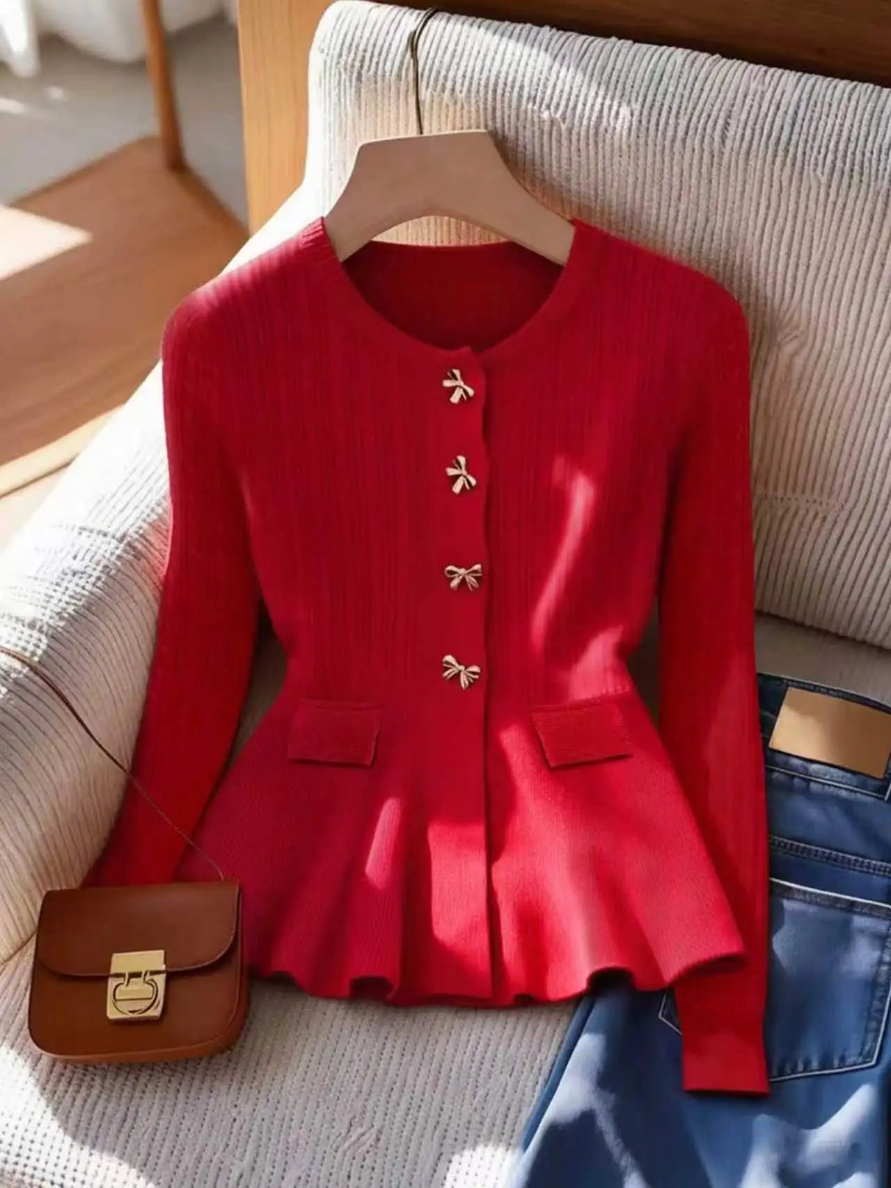Ingvn - Women V‑Neck Knit Cardigan Bow‑Shaped Metal Buttons Peplum Hem Long‑Sleeve Slim‑Fit Cable Knit Sweater With Pockets