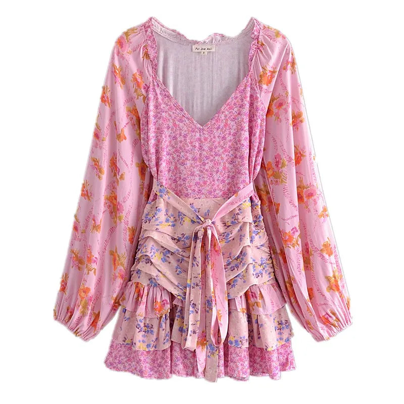 Ingvn  Holiday Contrast Color Floral Print Lantern Sleeve Mini Dress Bow Sashes Ruched Pleated Waist Ruffles Hem Women Dresses Robe