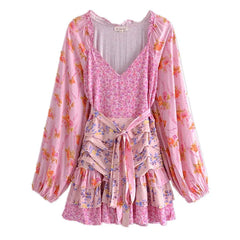 Ingvn  Holiday Contrast Color Floral Print Lantern Sleeve Mini Dress Bow Sashes Ruched Pleated Waist Ruffles Hem Women Dresses Robe