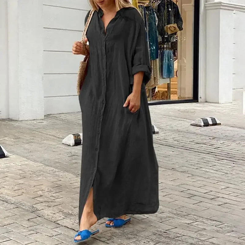 Ingvn  Summer Women's Solid Color Oversized Loose Pocket Flip Collar Casual Long Dress Button Loose Oversized Dress