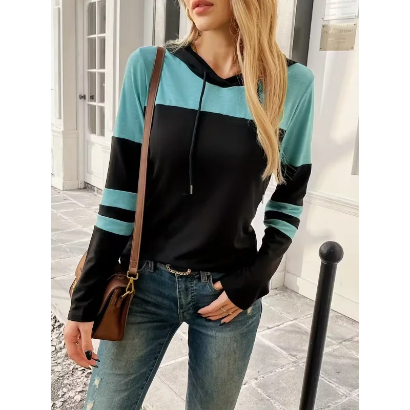 Ingvn - European And American Spring Autumn New Style Casual Hooded Sweatshirt For Women Fashionable Color Block Patchwork Pullover Top