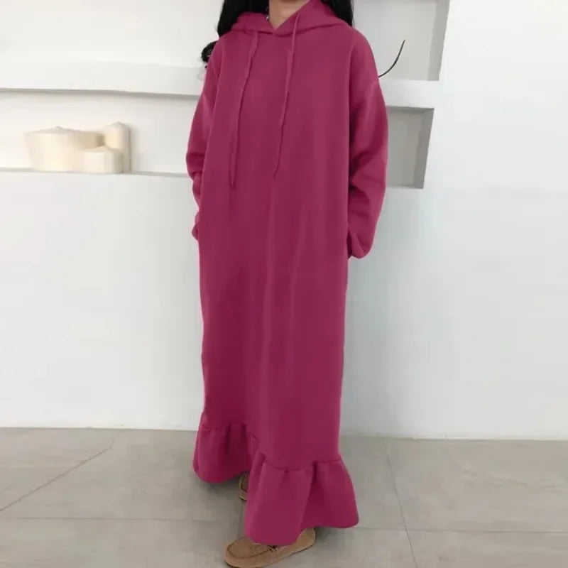 Ingvn  New Women's Autumn and Winter New Style Fleece Hooded Base Sweater Dress Ladies Casual Straight Pocket Loose Hooded Long Dress