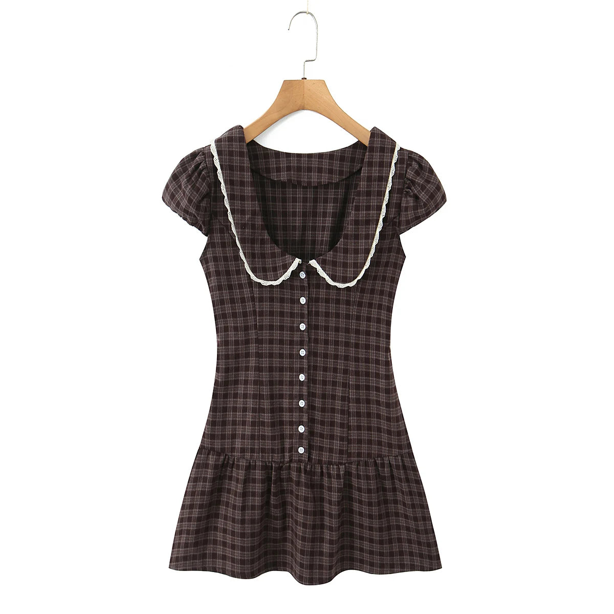 Ingvn  Retro Checked Plaid Spliced Lace Peter Pan collar Short Puff Sleeve Mini Dress Women Open Buttons Low Waist A-line Dresses Robe